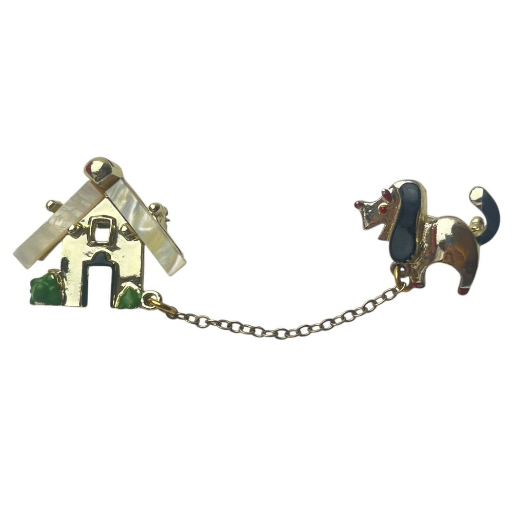 Vintage Dog House & Dog on Chain Collectible Dangle Lapel Pin Brooch